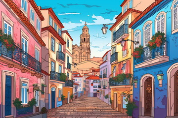 Lisbon urban landscape. Pattern with houses. Illustration - obrazy, fototapety, plakaty