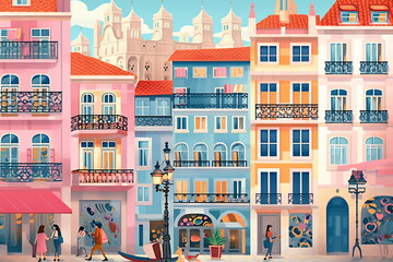 Lisbon urban landscape. Pattern with houses. Illustration - obrazy, fototapety, plakaty