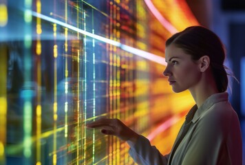 A woman interacts with a futuristic information wall filled with colorful lights and dynamic displays. Her pose conveys curiosity and engagement with the advanced technology and digital environment.