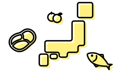 ふるさと納税、日本地図と特産品のシンプルな線画アイコン