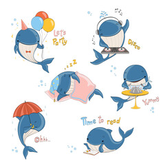 Vector cartoon children's set of cute little whales. Character design, different poses and mood. Set for stickers, print, templates for kids