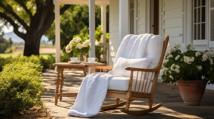 A light wooden rocking chair against the background of a white house. The theme of rest and relaxation.
