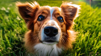 portrait of a cute Welsh Corgi dog looking at the camera, a fluffy kind cute pet on a background of green grass