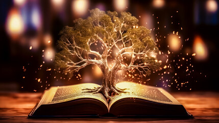 a beautiful magical fairytale golden tree of wisdom grows from an open book, a concept of knowledge, a metaphor for imagination and fantasy