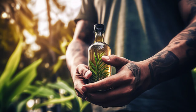 strong male hands in tattoos, holding a glass bottle with perfume, liquid, oil, natural product, jungle forest around