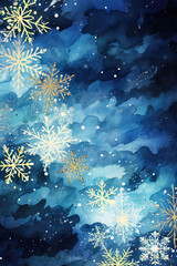 Fototapeta na wymiar Watercolor Blue Snowflakes Digital Papers, Snowflakes Backgrounds, Blue & Gold Winter Backgrounds