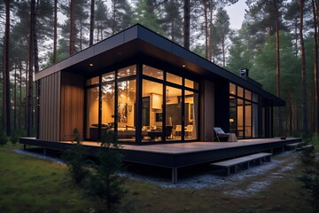 Fototapeta na wymiar Luxurious modern house with big windows and forest around