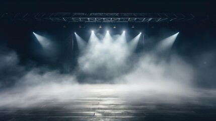Empty night scene with spotlights, blue neon, concrete floor, smoke, smog. Generation AI