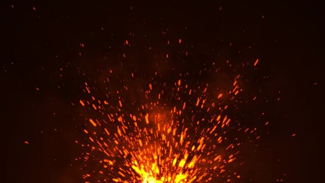 Red hot fire sparks and glowing ember particles rising on black background for cinematic productions, event openers, and music videos. Dramatic seamless loop in 4K.