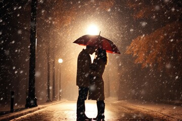 Young couple taking shelter under an umbrella on a snowy night