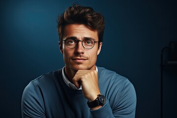 Portrait of a young man with glasses in a studio on a blue background. - obrazy, fototapety, plakaty