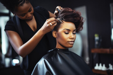 Beautiful black woman getting haircut done by hairstylist in hair salon