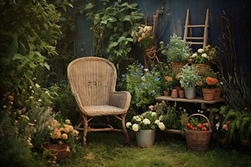 Picture of cottagecore aesthetics. A wicker chair with flowers and pots sitting on soil. Depiction of everyday life. Snapshot aesthetic