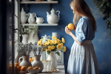 Close up a woman's portrait holding a fruit. Cottagecore aesthetics