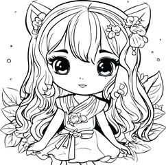 Cute little girl with butterfly wings and flowers. Black and white vector illustration.