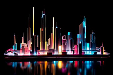 A 3D light sculpture, resembling a futuristic cityscape with neon accents