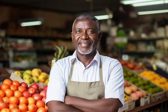 Portrait of a happy smiling African american man grocery shop owner