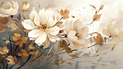 a painting of white flowers with gold leaves.   Gouache Painting of a Beige color flower, Perfect for Wall Art.