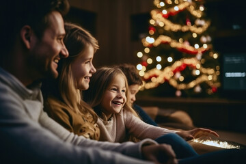 Family watching fun movie on Christmas Night