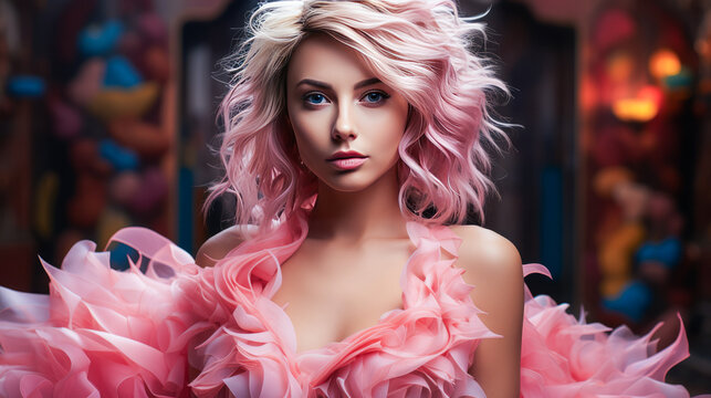 Vibrant woman with pink hair in bold haute couture dress, posing with confidence and style.