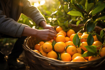 A basket full of freshly harvested oranges