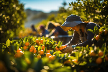 Orange workers diligently plucking ripe oranges from the trees under the warm sun