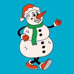 Retro style Funny cartoon snowman in Santa hat. Groovy vintage 70s snowman character with smile and thumbs up. Ideal for Christmas and New Year sticker designs and decorations