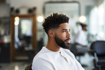 Handsome black man sitting in a chair in front of a mirror at the hairdresser salon - obrazy, fototapety, plakaty