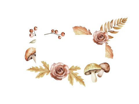 Watercolor fall leaves, flowers and mushrooms frame on white background. Botanical border, fall themed design. Rectangle shape of frame, border with flowers, leaves, mushrooms, with space for text.