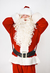 Santa claus, hand and head for mistake forgot for holidays, Christmas celebration or shock. Male person, costume suit and hand gesture for problem stress, present gifts on white studio background