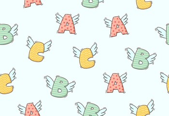 Cartoon flying alphabet seamless pattern. letters with wings background