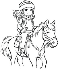 Cute little girl riding a horse. Black and white vector illustration for coloring book