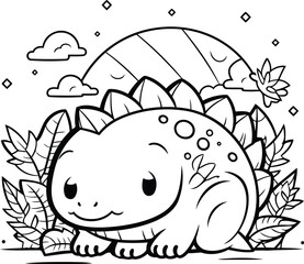 Cute dinosaur in the jungle. Vector illustration for coloring book.