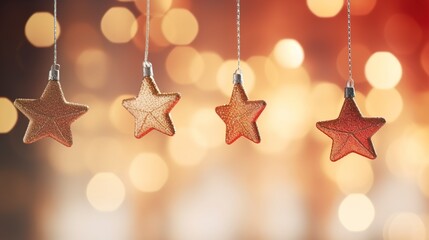 Festive garlands in the shape of stars against a background of blurred golden bokeh. Generation AI