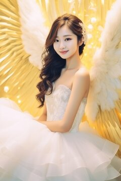 Beautiful Smiling Asian Female Holy Golden White Angel Background - Woman Angel with Empty Copy Space for Text and Ads - Beautiful Smiling Female Angel Wallpaper created with Generative AI Technology