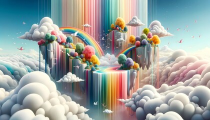 An abstract cascade of rainbow waterfalls flowing from floating islands. Fluffy clouds, prismatic birds soar above, creating a whimsical paradise where imagination knows no bounds. - obrazy, fototapety, plakaty