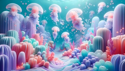 A playful abstract oceanic realm, ethereal jellyfish,luminescent colors float amidst vibrant coral formations.