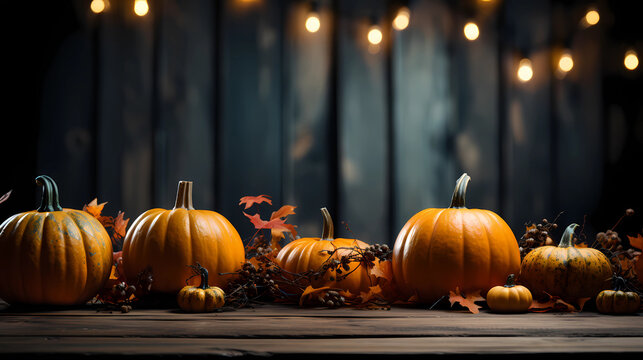 A colorful display of pumpkins sitting in a row on wooden background. 