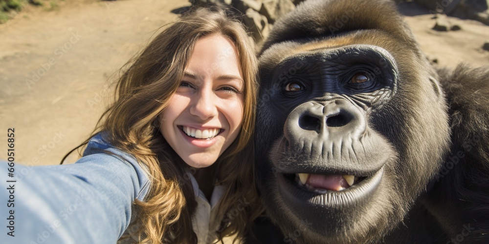 Wall mural young beautiful woman taking a selfie with a gorilla , concept of animal-human interaction