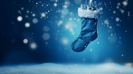 Isolated blue Christmas Stocking in front of a festive Background. Cheerful Template with Copy Space