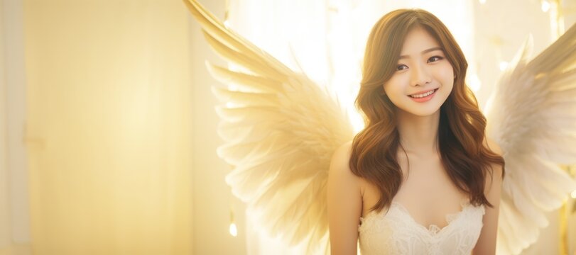 Beautiful Smiling Asian Female Holy Golden White Angel Background - Woman Angel with Empty Copy Space for Text and Ads - Beautiful Smiling Female Angel Wallpaper created with Generative AI Technology