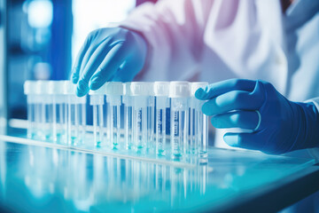 Medical Gloves Handling Test Tube Vials in Laboratory, Vaccine, Covid - Generative AI