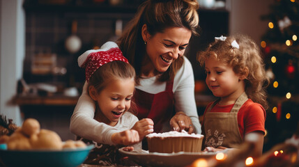 Mom and kid preparing christmas cookies Generative Ai