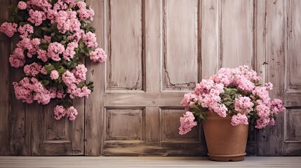 Ancient antique wooden door decorated with bouquets of flowers, entrance group. Generation AI