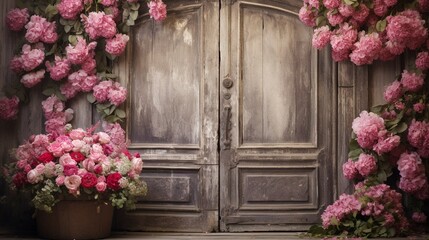 Fototapeta na wymiar Ancient antique wooden door decorated with bouquets of flowers, entrance group. Generation AI