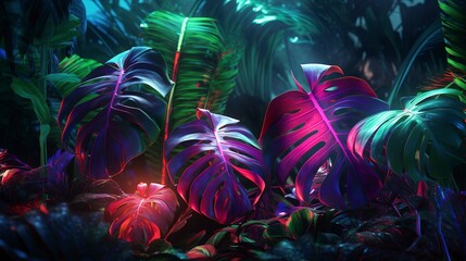 Tropical leaves and monstera in neon light. Generation AI
