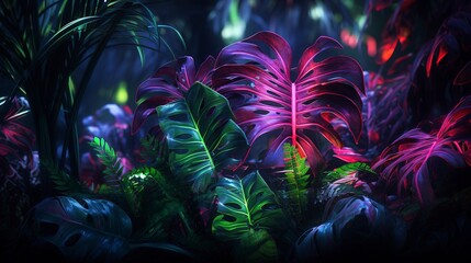 Tropical leaves and monstera in neon light. Generation AI