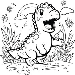 Cute dinosaur in the garden. Coloring book for children.