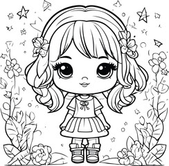 Cute little girl cartoon in flower garden. Vector illustration for coloring book.