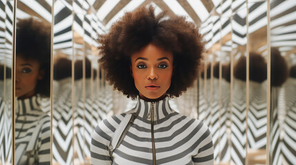 Intriguing black woman viewed endlessly through mirrored room's reflections.